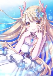 Rule 34 | 1girl, antlers, bare arms, blonde hair, blush, breasts, brown eyes, commentary request, dress, gem, hair ornament, horns, jewelry, long hair, looking at viewer, medium breasts, necklace, ro (igris-geo), smile, solo, strapless, strapless dress, virtual youtuber, white dress