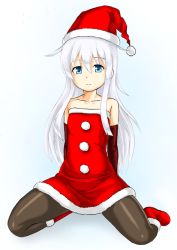 Rule 34 | 1girl, black pantyhose, blue eyes, boots, commentary request, dress, flat chest, full body, fur-trimmed boots, fur-trimmed dress, fur-trimmed headwear, fur trim, hat, hibiki (kancolle), kantai collection, kudou (ooabareteng), long hair, looking at viewer, off-shoulder dress, off shoulder, pantyhose, red dress, red footwear, red hat, santa hat, silver hair, simple background, sitting, solo, wariza, white background