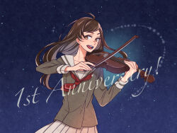 Rule 34 | 1girl, :d, anniversary, asahina yui, blue background, bow (music), brown eyes, brown hair, highres, holding instrument, holding violin, instrument, la corda d&#039;oro, la corda d&#039;oro starlight orchestra, long sleeves, music, neckerchief, open mouth, playing instrument, red neckerchief, school uniform, smile, solo, standing, violin, yoshitaka (palooo)