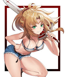 Rule 34 | 1girl, absurdres, bare arms, bare shoulders, belt, black belt, blonde hair, breasts, camisole, commentary request, cutoffs, denim, denim shorts, fate/apocrypha, fate (series), green eyes, grin, hand on own hip, highres, holding, holding sword, holding weapon, jewelry, leaning forward, long hair, looking at viewer, medium breasts, midriff, mordred (fate), mordred (fate/apocrypha), mz (yeye ai chipao mian), navel, over shoulder, pendant, ponytail, short shorts, shorts, simple background, smile, solo, spaghetti strap, stomach, sword, thighs, weapon, weapon over shoulder, white background