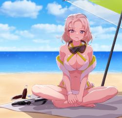 Rule 34 | 1girl, aa-12 (girls&#039; frontline), aa-12 (the sun never rises) (girls&#039; frontline), alternate costume, automatic shotgun, bare shoulders, beach, beach mat, beach umbrella, bikini, blue eyes, blue sky, blurry, bottle, breasts, cleavage, cloud, cloudy sky, cola, collarbone, combat shotgun, criss-cross halter, day, depth of field, drum magazine, girls&#039; frontline, goggles, goggles around neck, gun, halterneck, high-capacity magazine, highres, horizon, indian style, large breasts, looking at viewer, magazine (weapon), mouth hold, narynn, navel, ocean, outdoors, parted lips, sand, shade, shawl, short hair, shotgun, sitting, sky, solo, stomach, swimsuit, umbrella, water, weapon, white bikini, white hair, wristband