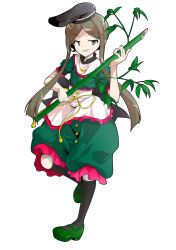 Rule 34 | 1girl, :d, alphes (style), apron, bamboo, bamboo shoot, black bow, black hat, black socks, bow, buttons, capelet, dairi, dress, eyebrows, frilled apron, frilled dress, frilled sleeves, frills, full body, green dress, green eyes, green socks, grey hair, hat, holding, kneehighs, leaf, leg up, long hair, looking away, looking to the side, mary janes, open mouth, parody, parted bangs, platform footwear, puffy short sleeves, puffy sleeves, ribbon, shoes, short sleeves, sidelocks, smile, socks, solo, standing, standing on one leg, style parody, tassel, tate eboshi, teireida mai, touhou, transparent background, turtleneck, waist apron, white apron, white capelet, yellow bow, yellow ribbon