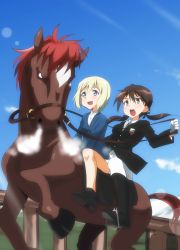 Rule 34 | 2girls, absurdres, alternate costume, black footwear, black jacket, black ribbon, blonde hair, blue eyes, blue sweater, boots, breath, brown eyes, brown hair, casual, day, dress shirt, emblem, erica hartmann, gertrud barkhorn, gloves, hair ribbon, highres, horse, horseback riding, jacket, lens flare, long sleeves, miniskirt, multiple girls, official style, open mouth, outdoors, panties, ribbon, riding, riding boots, riding outfit, shirt, shoes, skirt, sky, smile, strike witches, sweatdrop, sweater, twintails, underwear, v-neck, white gloves, white panties, white shirt, white skirt, world witches series, yumekaranigeruna