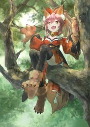 Rule 34 | 1girl, 241 (nishiki), animal ear fluff, animal ears, animal hands, bad id, bad pixiv id, bell, black legwear, branch, breasts, cat paws, cleavage, collar, commentary, commentary request, fangs, fate/grand order, fate (series), forest, fox ears, fox girl, fox tail, gloves, hair ribbon, highres, jingle bell, long hair, looking at viewer, medium breasts, nature, neck bell, open mouth, outdoors, paw gloves, paw shoes, pink hair, ponytail, red ribbon, ribbon, shoes, sitting, smile, solo, tail, tamamo (fate), tamamo cat (fate), tamamo cat (first ascension) (fate), tree, yellow eyes
