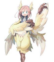 Rule 34 | 1girl, 4138, absurdres, blue eyes, blush, claws, commentary request, digitigrade, feather hair, feathered wings, feathers, harpy, head wings, highres, monster girl, open mouth, original, pink hair, short hair, simple background, solo, surprised, tank top, white background, winged arms, wings, yellow feathers