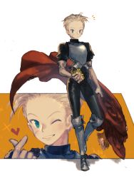 Rule 34 | 1boy, armor, beckoning, blonde hair, blue eyes, cape, food, grin, heart, highres, holding, holding food, hyang seol, male focus, one eye closed, original, sandwich, scar, scar on face, signature, smile, solo