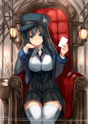 Rule 34 | 1girl, between breasts, black hair, blue eyes, blush, breasts, card, chair, hat, head rest, highres, large breasts, long hair, looking at viewer, necktie, necktie between breasts, original, sitting, skirt, smile, solo, thighhighs, white thighhighs, yoshizawa tsubaki