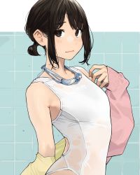Rule 34 | 1girl, black hair, blush, breasts, douki-chan (douki-chan), ganbare douki-chan, goggles, goggles around neck, highres, looking at viewer, one-piece swimsuit, short ponytail, sidelocks, small breasts, solo, swimsuit, upper body, wet, wet clothes, wet swimsuit, white one-piece swimsuit, yomu (sgt epper)