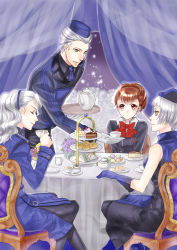 Rule 34 | 1boy, 3girls, bow, brown hair, cake, cake slice, chair, cup, curtains, elizabeth (persona), closed eyes, flower, food, gloves, hairband, hat, macaron, margaret, margaret (persona), morisawa machi, multiple girls, necktie, pantyhose, persona, persona 3, persona 3 portable, persona 4, red eyes, shiomi kotone, short hair, sitting, smile, sweatdrop, table, tablecloth, teacup, teapot, theodore (persona), tiered tray, tray, white gloves, white hair, yellow eyes