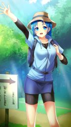 Rule 34 | 1girl, arm up, bike shorts, black shorts, blue eyes, blue hair, blue jacket, blue skirt, collarbone, day, doukyuusei 2, doukyuusei another world, game cg, hair intakes, hat, jacket, layered sleeves, long hair, long sleeves, looking at viewer, miniskirt, nonomura misato, official art, outdoors, outstretched arm, outstretched hand, pencil skirt, short over long sleeves, short shorts, short sleeves, shorts, shorts under skirt, side slit, skirt, solo, sparkle, standing