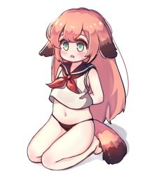 Rule 34 | 1girl, animal ears, arms behind back, bad id, bad twitter id, barefoot, black panties, blush, brown hair, commentary request, crop top, dog ears, dog tail, full body, green eyes, highres, korean commentary, kosobin, long hair, navel, no pants, open mouth, original, panties, sailor collar, shirt, simple background, sitting, sleeveless, sleeveless shirt, solo, tail, thighs, underwear, white background, white shirt