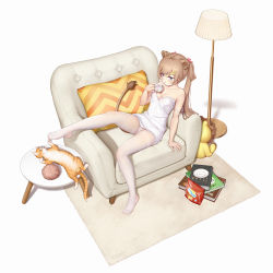 Rule 34 | 1girl, animal ears, bare arms, bigxixi, blue eyes, book, breasts, brown hair, cat, commentary, cup, dress, full body, hair between eyes, hair ornament, hairclip, highres, holding, holding cup, lion ears, lion girl, lion tail, long hair, medium breasts, no shoes, on chair, orange hair, original, panties, panties under pantyhose, pantyhose, short dress, sitting, solo, strap slip, stuffed animal, stuffed toy, tail, underwear, white dress, white panties, white pantyhose