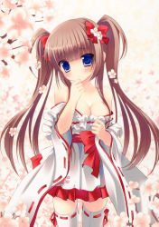 Rule 34 | 1girl, absurdres, adapted uniform, bare shoulders, blue eyes, blunt bangs, blush, breasts, cherry blossoms, cleavage, deliverer!, flower, hair flower, hair ornament, highres, japanese clothes, kino (kino konomi), kino konomi, kujuu aya, miko, nipple slip, nipples, off shoulder, ribbon, ribbon-trimmed legwear, ribbon-trimmed sleeves, ribbon trim, shy, sidelocks, solo, standing, thighhighs, twintails, white thighhighs, wide sleeves, zettai ryouiki