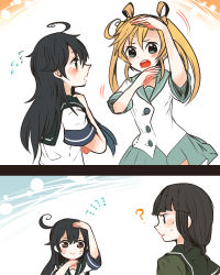 Rule 34 | 10s, 2koma, 3girls, ?, abukuma (kancolle), ahoge, black hair, blonde hair, blunt bangs, blush, closed mouth, comic, confused, flying sweatdrops, hair between eyes, hair rings, hand on own chin, hand on own head, hime cut, itomugi-kun, kantai collection, kitakami (kancolle), long hair, multiple girls, open mouth, personification, pleated skirt, school uniform, serafuku, skirt, spoken question mark, sweatdrop, twintails, ushio (kancolle), white background