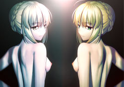 Rule 34 | 2girls, absurdres, ahoge, artoria pendragon (all), artoria pendragon (fate), back, besmiled, blonde hair, braid, breasts, fate/stay night, fate (series), french braid, green eyes, hair bun, highres, long hair, looking at viewer, looking back, medium breasts, multiple girls, nipples, nude, resolution mismatch, saber (fate), saber alter, sidelocks, single hair bun, smile, source smaller, yellow eyes