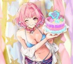 Rule 34 | 1girl, ahoge, bad id, bad pixiv id, bare shoulders, bikini, bikini under clothes, birthday cake, blue bikini, blue flower, blue hair, blue ribbon, blue rose, blurry, breasts, cake, cleavage, closed mouth, collar, collarbone, cookie, earrings, flower, food, green flower, green rose, hair intakes, hands up, happy birthday, heart, heart-shaped food, heart-shaped lock, holding, holding tray, icing, idolmaster, idolmaster cinderella girls, jewelry, kanengomi, leaning forward, looking at viewer, medium breasts, multicolored hair, navel, off shoulder, one eye closed, pill earrings, pink collar, pink eyes, pink hair, pink shorts, purple flower, purple rose, ribbon, rose, short hair, shorts, smile, solo, star (symbol), star print, striped clothes, striped shorts, swimsuit, tray, two-tone hair, yellow flower, yellow rose, yumemi riamu
