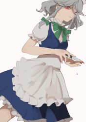 Rule 34 | 1girl, apron, blood, blood drip, blood on hands, blue skirt, blue vest, bow, braid, closed mouth, commentary request, cowboy shot, dress, feet out of frame, frilled apron, frills, green bow, green ribbon, grey hair, hair bow, highres, holding, holding knife, izayoi sakuya, kerok (joniko1110), knife, light smile, looking at viewer, maid headdress, medium hair, neck ribbon, one-hour drawing challenge, puffy short sleeves, puffy sleeves, red eyes, ribbon, short sleeves, simple background, skirt, smile, solo, touhou, twin braids, vest, waist apron, white apron, white background