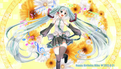 Rule 34 | 10s, 1girl, 2015, belt, dated, detached sleeves, flower, green eyes, happy birthday, hatsune miku, long hair, musical note, navel, necktie, open mouth, quaver, skirt, solo, thighhighs, treble clef, tsujiori, twintails, very long hair, vocaloid