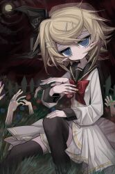 Rule 34 | 1girl, absurdres, black sky, black thighhighs, blonde hair, blood, blood on hands, blue eyes, blue nails, blush stickers, bow, dress, fence, flower, gumi, hair bow, hair ornament, hairclip, hatsune miku, highres, kagamine len, kagamine rin, kaito (vocaloid), kyoufu garden (vocaloid), looking at viewer, megurine luka, meiko (vocaloid), meyou 0319, moon, night, red bow, red sky, rose, severed arm, severed limb, short hair, sky, thighhighs, vocaloid, white dress, wooden fence, yellow nails