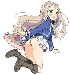 Rule 34 | 10s, 1girl, araki kanao, ass, bc freedom military uniform, black footwear, blonde hair, blue jacket, blue vest, boots, commentary, crotch seam, drill hair, hand fan, folding fan, full body, girls und panzer, green eyes, holding, jacket, jumping, knee boots, legs, long hair, long sleeves, looking at viewer, marie (girls und panzer), military, military uniform, miniskirt, open mouth, panties, pleated skirt, shirt, simple background, sketch, skirt, solo, underwear, uniform, vest, white background, white panties, white shirt, white skirt