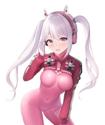 Rule 34 | 1girl, :d, absurdres, alice (nikke), animal ear headphones, animal ears, bodysuit, breasts, commentary request, contrapposto, covered navel, cropped jacket, fake animal ears, gloves, goddess of victory: nikke, groin, hair between eyes, hand up, headphones, highres, jacket, karin (fineyanny), leaning forward, long hair, long sleeves, looking at viewer, medium breasts, open mouth, pink bodysuit, puffy long sleeves, puffy sleeves, red eyes, red jacket, simple background, smile, solo, twintails, very long hair, white background, white gloves, white hair