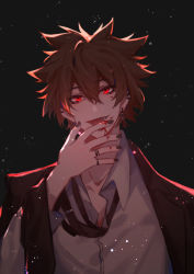 Rule 34 | 1boy, absurdres, aged up, backlighting, black background, black jacket, black nails, black necktie, blood, blood from mouth, blood on face, blood on hands, brown hair, collar, collared shirt, ear piercing, earrings, eyelashes, fang, formal, glowing, glowing eyes, head tilt, highres, jacket, jewelry, katekyo hitman reborn!, licking, licking finger, long sleeves, looking at viewer, loose necktie, male focus, multiple rings, nail polish, necktie, open clothes, open jacket, piercing, red eyes, ring, sawada tsunayoshi, shirt, short hair, simple background, smile, solo, spiked hair, suit, tongue, tongue out, upper body, vampire, white shirt, wuhuohuohuo