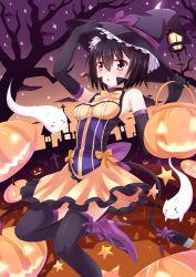 Rule 34 | 1girl, absurdres, animal ears, black hair, cat ears, elbow gloves, facial mark, ghost, gloves, halloween, hat, highres, jack-o&#039;-lantern, nugi (armenci), original, personification, red eyes, short hair, solo, tail, witch hat