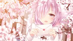 Rule 34 | 1girl, :d, absurdres, bad id, bad pixiv id, blush, cherry blossoms, coat, duffel coat, fate/grand order, fate (series), flower, hair over one eye, heart, highres, holding, holding letter, junpaku karen, letter, long sleeves, looking at viewer, love letter, mash kyrielight, mash kyrielight (fgo x lawson), official alternate costume, open mouth, outdoors, petals, pink hair, purple eyes, short hair, smile, solo, tree, upper body, white coat