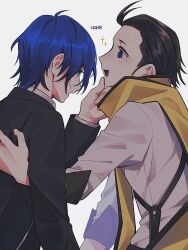 Rule 34 | 2boys, black hair, blue eyes, blue hair, elulit2, from side, gekkoukan high school uniform, hand on another&#039;s chin, highres, looking at another, male focus, mochizuki ryouji, mole, multiple boys, open mouth, persona, persona 3, profile, scarf, school uniform, short hair, smile, sparkle, suspenders, upper body, white background, yaoi, yellow scarf, yuuki makoto (persona 3)