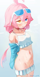 Rule 34 | 1girl, absurdres, ahoge, artist name, bare shoulders, bikini, bikini skirt, blue-tinted eyewear, blue archive, blue eyes, blue jacket, blue skirt, blush, breasts, closed mouth, collarbone, cowboy shot, embarrassed, eyewear on head, fang, frilled bikini, frills, hair between eyes, hair bobbles, hair ornament, halo, heterochromia, highres, hoshino (blue archive), hoshino (swimsuit) (blue archive), jacket, kani fish, long hair, long sleeves, looking at viewer, low twintails, microskirt, midriff, navel, no panties, off shoulder, official alternate costume, open clothes, open jacket, pink hair, pleated skirt, sidelocks, skirt, sleeves past wrists, small breasts, solo, standing, stomach, sunglasses, sweat, swimsuit, tinted eyewear, twintails, very long hair, white-framed eyewear, white bikini, yellow eyes