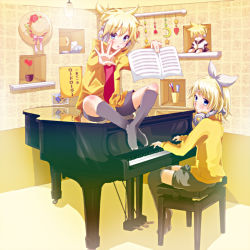 Rule 34 | 1boy, 1girl, black socks, blonde hair, blue eyes, bow, character doll, grand piano, hair bow, hair ornament, hairpin, hat, headphones, headset, heart, ichijiku (r620), instrument, jacket, kagamine len, kagamine rin, kneehighs, letter, musical note, open mouth, outstretched hand, piano, piano bench, playing, ponytail, ribbon, roadroller, short hair, shorts, sitting, socks, thighhighs, toothbrush, vocaloid