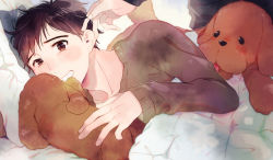 Rule 34 | 1boy, animal, bad id, bad pixiv id, bed, bed sheet, black hair, black shirt, brown eyes, brown shirt, close-up, dog, fingernails, hand on another&#039;s head, happy, katsuki yuuri, long sleeves, looking at viewer, lying, makkachin, male focus, pillow, pov, pov hands, shirt, short hair, smile, tadano53, tongue, tongue out, upper body, yuri!!! on ice