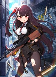 Rule 34 | 1girl, ahoge, air conditioner, alley, black dress, black gloves, black pantyhose, blue sky, bow, breasts, brown hair, bullpup, car, cloud, collared shirt, commentary, day, dress, finger on trigger, girls&#039; frontline, glint, gloves, gun, hair bow, highres, holding, holding gun, holding weapon, kuang (kzhw7588), long hair, long sleeves, medium breasts, mirror, motion blur, motor vehicle, one side up, outdoors, pantyhose, red bow, red eyes, red neckwear, rifle, scope, shell casing, shirt, sky, sniper rifle, solo, torn clothes, torn dress, torn pantyhose, torn shirt, very long hair, wa2000 (girls&#039; frontline), walther, walther wa 2000, weapon, white shirt