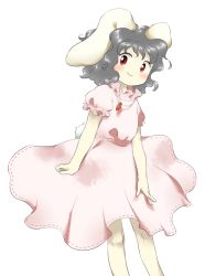 Rule 34 | 1girl, animal ears, arm at side, black hair, blush, carrot, carrot necklace, closed mouth, dress, feet out of frame, floating hair, floppy ears, frilled shirt collar, frilled sleeves, frills, from side, inaba tewi, jewelry, looking at viewer, looking to the side, medium dress, necklace, nonamejd, official style, pendant, pink dress, pleated dress, puffy short sleeves, puffy sleeves, rabbit ears, rabbit girl, rabbit tail, red eyes, ribbon-trimmed dress, ribbon-trimmed sleeves, ribbon trim, short hair, short sleeves, simple background, smile, solo, standing, tail, tareme, touhou, wavy hair, white background, wrist extended, zun (style)
