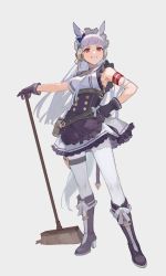 Rule 34 | 1girl, animal ears, armpits, black gloves, blue hair, blunt bangs, boots, ciloranko, contrapposto, dress, full body, gloves, gold ship (umamusume), grey background, grin, hand on own hip, highres, horse ears, horse tail, long hair, looking at viewer, pink eyes, purple hair, simple background, smile, solo, standing, tail, thighhighs, umamusume, weapon, white thighhighs