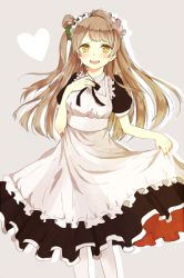 Rule 34 | 10s, 1girl, :d, akakura, bow, brown hair, curtsey, grey hair, hair bow, hand on own chest, heart, long hair, looking at viewer, love live!, love live! school idol festival, love live! school idol project, maid, maid headdress, minami kotori, one side up, open mouth, ribbon, skirt hold, smile, solo, white legwear, yellow eyes
