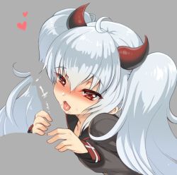 Rule 34 | 1girl, blush, colored eyelashes, dark persona, demon girl, erection, grey background, grim aloe, hetero, horns, kumao mofumofu, long hair, open mouth, penis, penis on face, quiz magic academy, simple background, solo focus, tongue, tongue out, twintails, upper body, very long hair, white hair