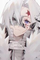 Rule 34 | 1boy, allen walker, bishounen, blue eyes, closed mouth, d.gray-man, hair between eyes, heridy, looking at viewer, male focus, mask over one eye, pale skin, portrait, scar, scar on face, short hair, solo, white background, white fur, white hair