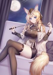 Rule 34 | 1girl, absurdres, animal ear fluff, animal ears, arknights, black headwear, black ribbon, blonde hair, blue eyes, breasts, cape, commentary request, couch, curtains, feet out of frame, full moon, grey shirt, hair ribbon, highres, horse girl, kirby d a, large breasts, crossed legs, long hair, long sleeves, moon, night, night sky, partial commentary, pillow, revision, ribbon, shirt, sitting, sky, solo, tail, thick eyebrows, thighhighs, thighs, turtleneck, whislash (arknights), white cape