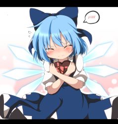 Rule 34 | 1girl, blue dress, blue hair, blush, bow, box, cirno, do (4-rt), dress, embarrassed, closed eyes, flying sweatdrops, gift, gift box, hair bow, heart, highres, ice, ice wings, letterboxed, hugging object, puffy sleeves, short sleeves, solo, spoken blush, sweatdrop, touhou, valentine, wings
