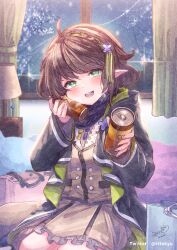 Rule 34 | 1girl, :d, ahoge, bag, black jacket, blush, braid, brown hair, brown skirt, brown vest, can, canned coffee, commentary request, curtains, drink can, frilled skirt, frills, green eyes, green hair, hair ornament, head tilt, highres, holding, holding can, hood, hood down, hooded jacket, indoors, ittokyu, jacket, multicolored hair, open clothes, open jacket, open mouth, original, paper bag, pointy ears, signature, sitting, skirt, smile, solo, streaked hair, twitter username, vest, window, x hair ornament
