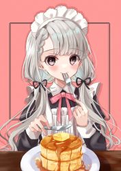 Rule 34 | 1girl, alternate costume, apron, asymmetrical bangs, blush, bow, braid, braided bangs, butter, enmaided, food, fork, frilled apron, frills, grey hair, hair bow, highres, hisakawa nagi, holding, holding fork, holding knife, idolmaster, idolmaster cinderella girls, knife, looking at viewer, maid, maid headdress, maple syrup, mouth hold, neck ribbon, pancake, plate, ribbon, rino cnc, solo, twintails, upper body