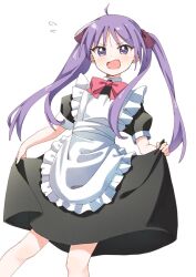 Rule 34 | 1girl, ahoge, alternate costume, apron, black dress, blush, choppy bangs, commentary, cowboy shot, dress, embarrassed, enmaided, flying sweatdrops, frilled apron, frills, haru (konomi 150), highres, hiiragi kagami, long hair, looking at viewer, lucky star, maid, maid apron, open mouth, puffy short sleeves, puffy sleeves, purple eyes, purple hair, short sleeves, simple background, skirt hold, solo, tsurime, twintails, white apron, white background