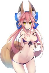 Rule 34 | 10s, 1girl, animal ears, bikini, blue bikini, blush, bow, breasts, cleavage, fate/extra, fate (series), fox ears, fox tail, hair bow, hand on own chest, harenchi, heart, heart-shaped pupils, highres, large breasts, navel, nipples, pink hair, simple background, solo, swimsuit, symbol-shaped pupils, tail, tamamo no mae (fate/extra), untied bikini, white background, wide hips, yellow eyes