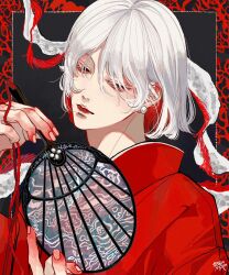 Rule 34 | 1boy, black background, black eyes, border, closed mouth, earrings, fingernails, hair over eyes, half-closed eyes, hand fan, hand up, highres, holding, holding fan, japanese clothes, jewelry, kagoya1219, kimono, male focus, original, red border, red kimono, short hair, sideways glance, signature, solo, tuanshan, upper body, white hair