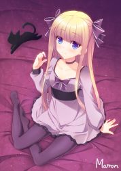 Rule 34 | 1girl, artist name, bed sheet, black cat, black pantyhose, blonde hair, blue eyes, blush, breasts, cat, choker, closed mouth, collarbone, dress, faceless, full body, hair ribbon, hand up, kougei ciel nana, long hair, maron (1212ama), no shoes, on bed, pantyhose, purple dress, purple pantyhose, purple ribbon, ribbon, sash, signature, sitting, small breasts, smile, solo, sound voltex, sound voltex ii infinite infection, very long hair, yokozuwari
