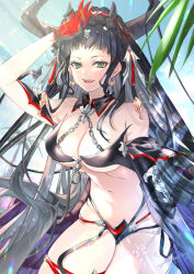 Rule 34 | 1girl, asymmetrical gloves, banamons, bikini, black bikini, black gloves, black hair, breasts, cleavage, commentary request, dangle earrings, demon horns, earrings, elbow gloves, feathered wings, gloves, granblue fantasy, green eyes, highres, horns, jewelry, large breasts, long hair, looking at viewer, magus (granblue fantasy), multi-strapped bikini bottom, navel, open mouth, outdoors, palm tree, red gloves, short bangs, single elbow glove, smile, solo, sunlight, swimsuit, tree, two-tone gloves, uneven gloves, wings