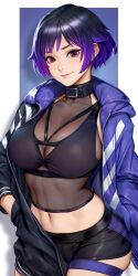 Rule 34 | 1girl, abs, belt collar, black and purple hair, breasts, brown eyes, cleavage, collar, hands in pockets, highres, jacket, large breasts, looking at viewer, multicolored clothes, multicolored jacket, neoartcore, open clothes, open jacket, purple hair, reina (tekken), short hair, short shorts, shorts, smile, solo, standing, tekken, tekken 8, toned, two-tone jacket