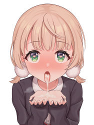 Rule 34 | after fellatio, black jacket, blonde hair, blush, cum, cum in mouth, cum on hands, cumdrip, cupping hands, green eyes, hair bobbles, hair ornament, hands up, heart, heart-shaped pupils, highres, indie virtual youtuber, jacket, long sleeves, looking at viewer, low twintails, medium hair, nose blush, open mouth, own hands together, shigure ui (vtuber), short twintails, simple background, steam, symbol-shaped pupils, tongue, tongue out, twintails, upper body, virtual youtuber, white background, yukamikayu