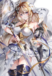Rule 34 | 1girl, armor, armored dress, bare shoulders, belt, blonde hair, blue eyes, blush, boots, breasts, diadem, dress, flag, flower, gauntlets, granblue fantasy, grin, hair between eyes, hair flower, hair intakes, hair ornament, halterneck, highres, jeanne d&#039;arc (granblue fantasy), large breasts, lily (flower), long hair, looking at viewer, smile, solo, soraneko hino, sword, thigh boots, thighhighs, thighs, weapon, white background, white dress, white flower